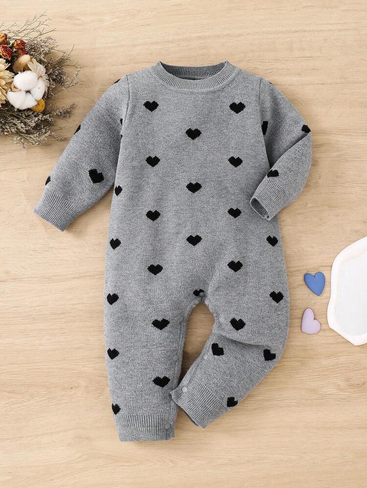 SHEIN 新生児女の子 かわいいハートパターン ニット長袖ロンパース 秋冬 - ライトグレー - 見る 1