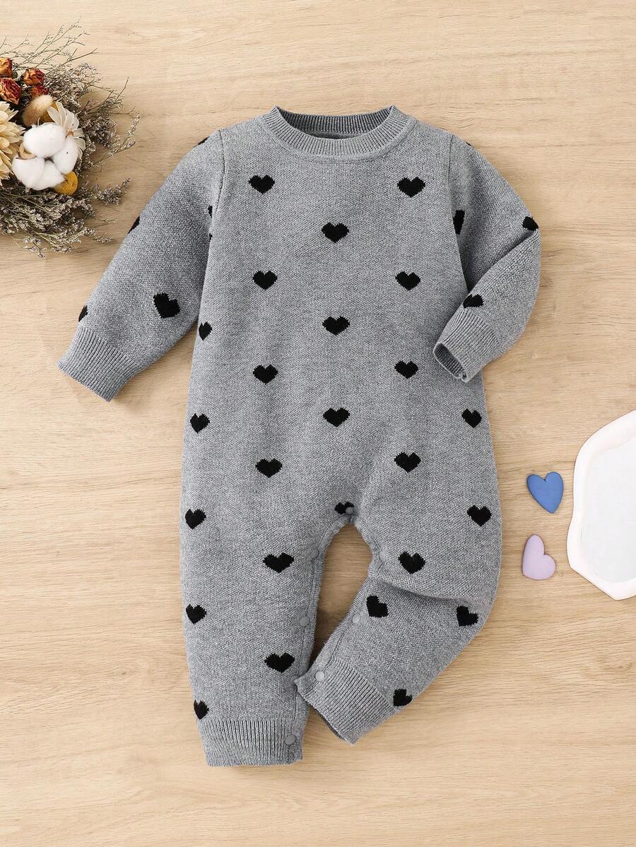 SHEIN 新生女宝宝可爱爱心图案针织长袖连体衣，秋冬季