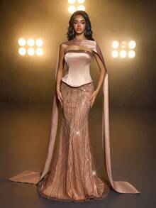 Glamrae Chân váy đuôi cá co giãn đính cườm và sequin sang trọng thanh lịch, phù hợp cho đám cưới, tiệc tùng, kỳ nghỉ, dạ hội, váy trang trọng (trang trí đậm) - Màu Khaki - Xem 4