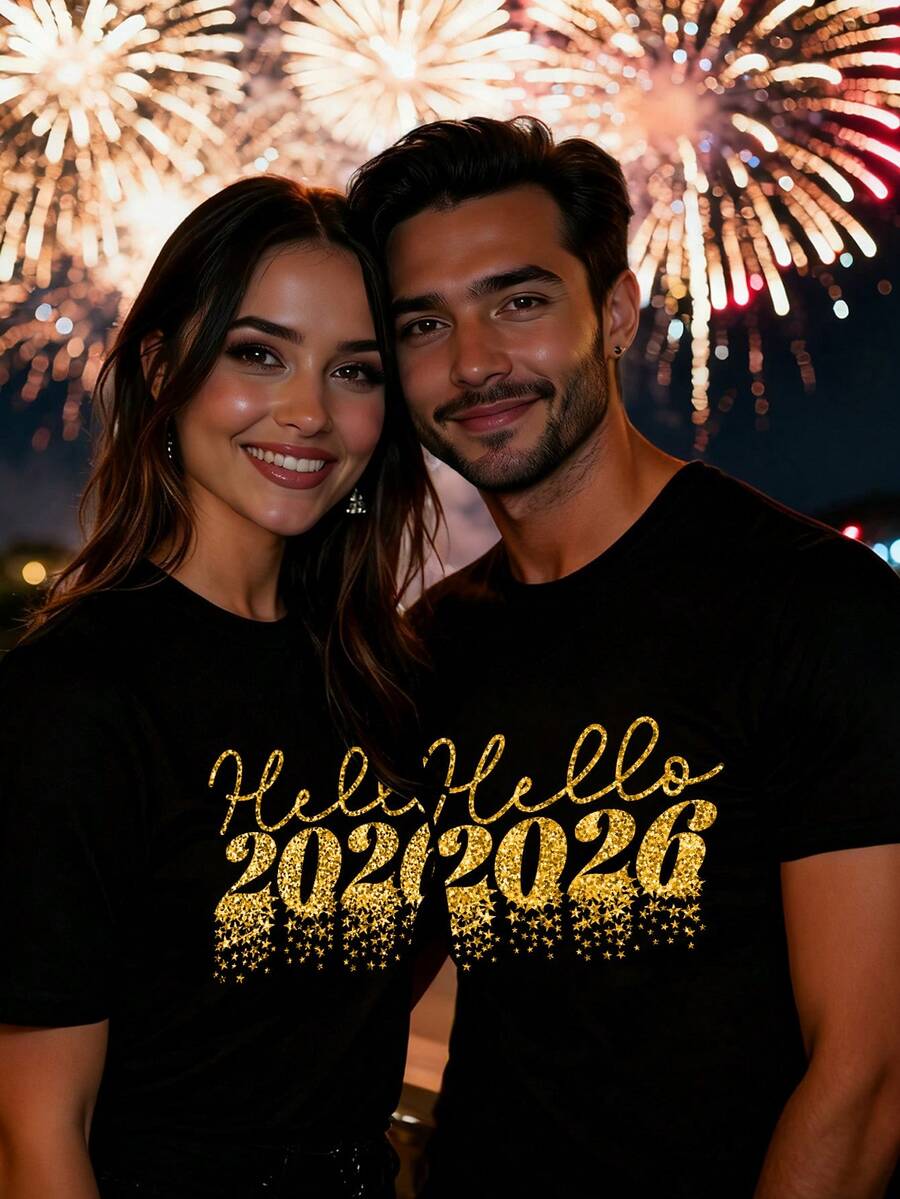 Manfinity Homme 2026新年快乐流星亮片印花黑色圆领T恤,限量版情侣礼物 - 黑色 - 查看 1