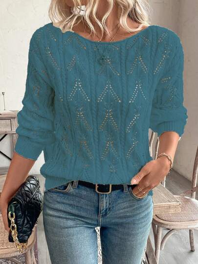 SHEIN PETITE Semesterstil Avslappnad Ihålig Blommig Mönster Off Shoulder Lös Pullover