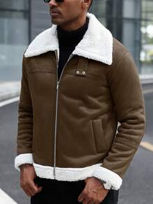 Manfinity CasualCool 男士撞色拉链休闲长袖夹克，带保暖内衬，秋冬男士外套，男士夹克，冬季男士保暖内衬夹克，男士羊羔绒夹克 - 巧克力棕 - 查看 4