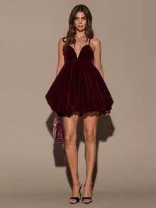 SHEIN BAE 女士秋冬酒红色丝绒吊带深V领荷叶边迷你连衣裙，适合浪漫约会、宴会、优雅外出、派对、婚礼宾客礼服、圣诞派对、节日礼服 - 酒紅色 - 查看 4