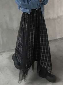 FRIFUL 女士弹力腰格子撞色网纱休闲裙 - 黑色 - 查看 2