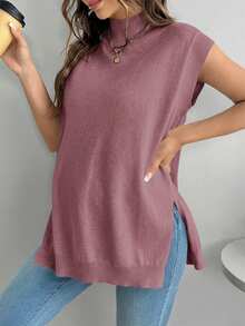 SHEIN Maternity Solid Color Half-Turtleneck Side Slit Hem Casual Knit Vest, Autumn/Winter - Dusty Pink - View 4