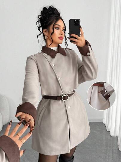 Elenzga Abrigo oversize de bloques de color, de moda para el transporte, otoño/invierno