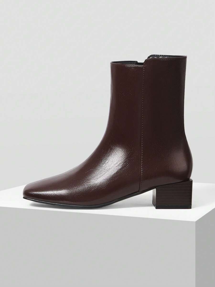 MOTF SIDE ZIPPER LUXURY FASHION SQUARE TOE ANKLE BOOTS FOR CHRISTMAS - Brown - View 2