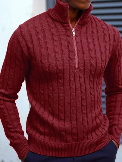 Manfinity Homme Pull à demi-zip à manches longues, style casual, grande taille, automne/hiver