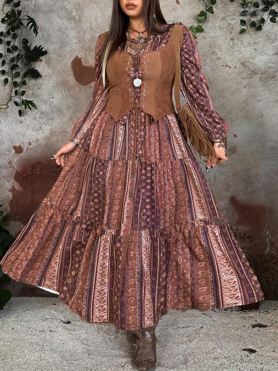 Whyspr Váy dài tay màu nâu cài nút phía trước, xẻ tà và buộc eo, phong cách Bohemian, tôn dáng cho người ngoại cỡ, trang phục đi nghỉ - màu nâu - Xem 1