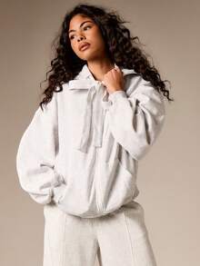 AiiRZ Women's Zip Up Hoodie With Drawstring Hood And Centre Pocket Casual Oversized Sweatshirt - Grey - View 3