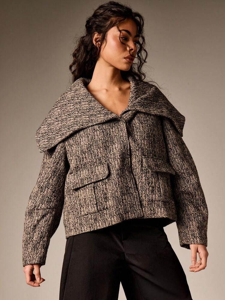 Oversized Fold Collar Tweed Jacket With Pockets