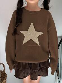 Dazy Kids Tween Girls' Round Neck Five-Pointed Star Pattern Casual Sweater - Brown - View 4