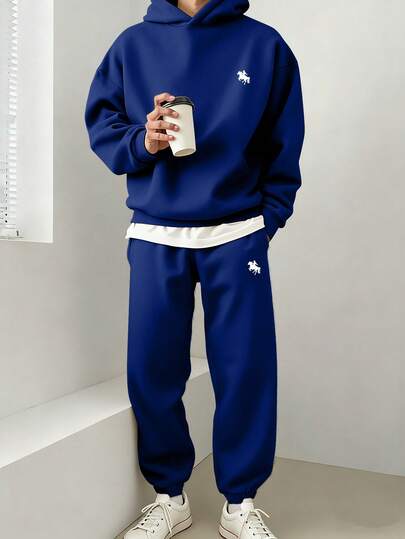 Chillumni 经典白马图案蓝色连帽衫和长裤套装，宽松休闲蓝色连帽衫和运动裤两件套男士运动服套装，冬季保暖内衬