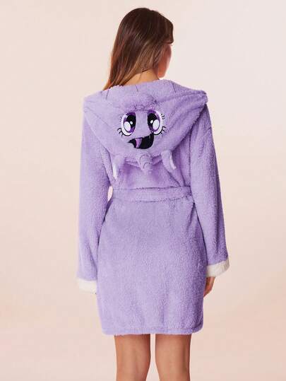 My Little Pony X SHEIN Women's Soft Contrast Trim Cartoon Embroidered Hooded Bathrobe, Autumn/Winter Robes For Women Fluffy Fuzzy Robe Plush Robe Purple Robe Bath Robes For Women