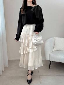 FRIFUL 女士撞色落肩长袖蝴蝶结肩部宽松休闲百搭毛衣，秋季 - 黑色 - 查看 2