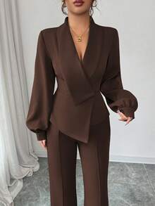 Elenzga 女士优雅休闲通勤度假下午茶聚会纯色不规则交叉领西装外套，灯笼袖搭配松紧腰A字裤，适合春、秋、冬季穿着。 - 棕色 - 查看 4