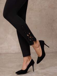 Amorya 女士休闲日常办公通勤纯色高腰撞色蕾丝打底裤 - 黑色 - 查看 9