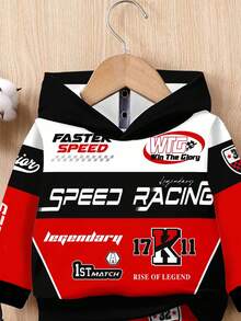 SHEIN Baby Boy Casual Loose Comfortable Soft Classic Stylish Cool Racing Car Graphic Print Hoodie Sweatshirt Set, Suitable For Autumn/Winter Fall - Multicolor - View 5