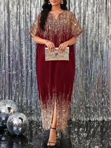 SHEIN Lady Spring, Summer, Autumn And Winter Elegant Office Party Ladies Dresses Red Sequin Dress - Burgundy - View 3