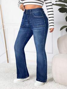 SHEIN ICON Celana Jeans Wanita Ukuran Besar Pinggang Tinggi Saku Model Flare Kasual Serbaguna - Dark Wash - View 2