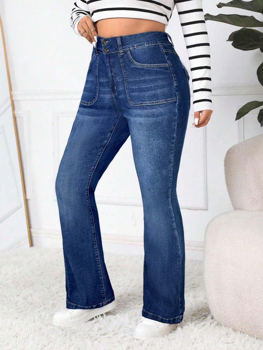 SHEIN ICON Celana Jeans Wanita Ukuran Besar Pinggang Tinggi Saku Model Flare Kasual Serbaguna