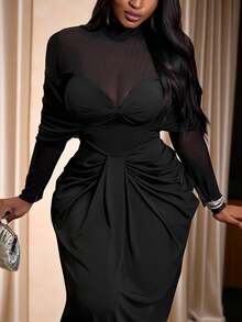 Slaydiva Plus Size Women Black Elegant Dress, Autumn Mesh Patchwork Twist Design Fitted Fashion Long Sleeve Formal Evening Ruched Christmas Dress - Black - View 11