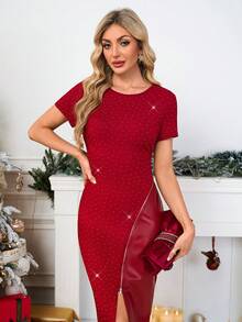 Ellevyn 女士秋冬优雅红色圣诞连衣裙，短袖拼接，冬季拉链开衩，修身闪亮亮片连衣裙，适合派对、舞会、新年等场合 - 紅色 - 查看 4