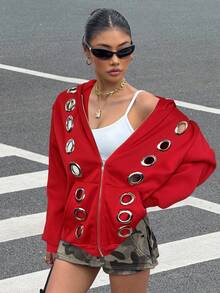 Muchica Fashionable Casual Eyelet Design Loose Open Front Thermal Lined Red Sweatshirt, Autumn/Winter Y2k - Red - View 4