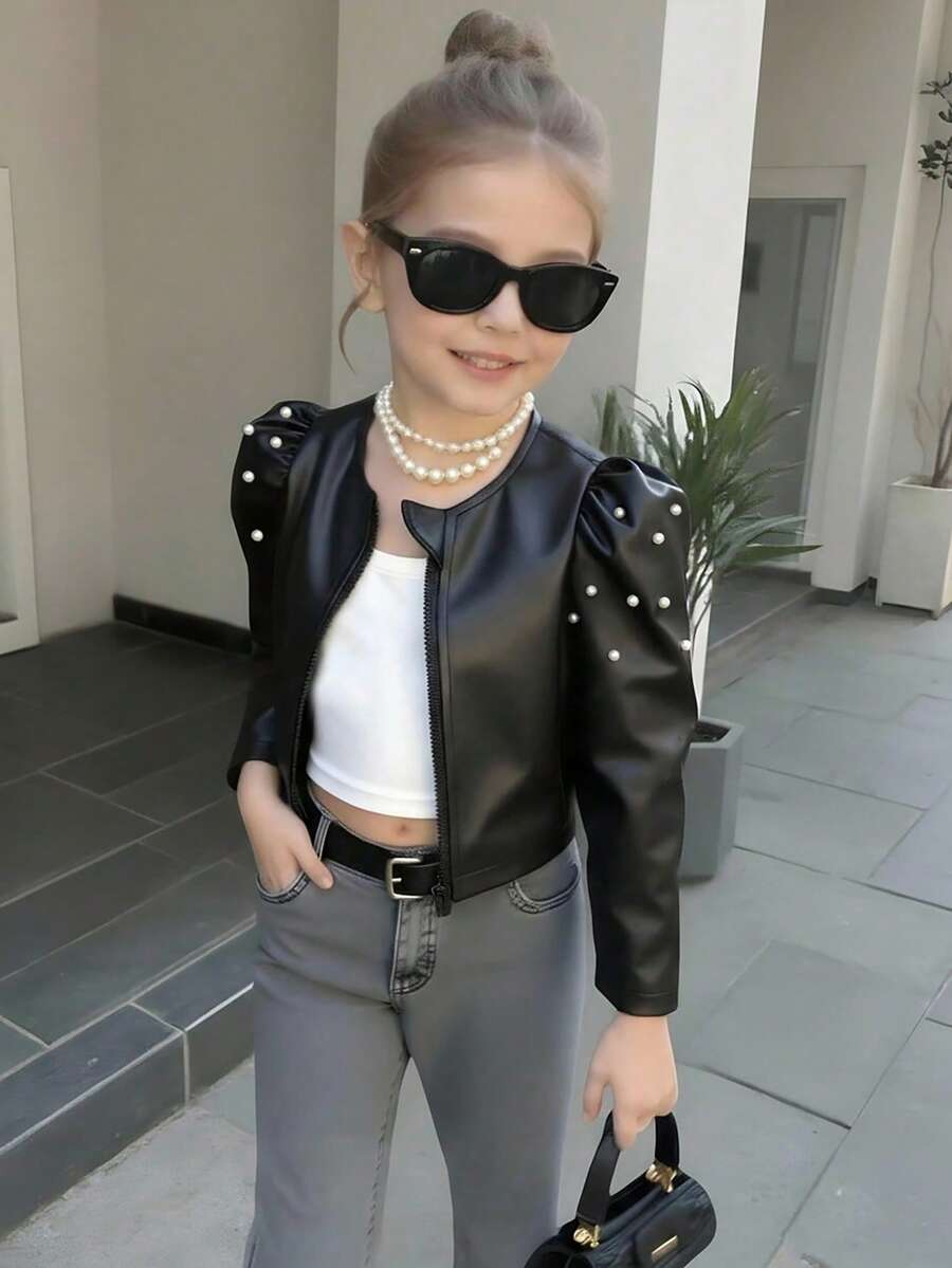 SHEIN Elladie kids Chaqueta corta con cremallera, de cuello redondo y manga raglán, de unicolor, de moda para niñas jóvenes - Negro - Ver 1