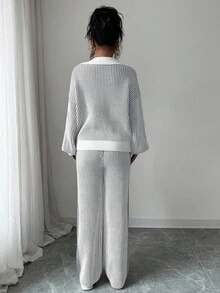 Elenzga 2 件套女士 Polo 领拼布撞色套头毛衣上衣 + 长裤套装，秋冬 - 灰色 - 查看 2