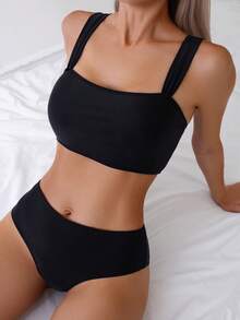 SHEIN Swim Women's Solid Color Sexy Bikini Swimsuit Set, Summer Beach - Black - View 3