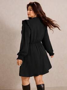 Elaquor Plus Size Elegant Minimalist Ruffle Patchwork Black Dress For Women, All Season - Black - View 2