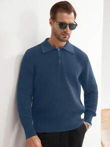 Claim Dot Men's Solid Color Half-Zipper Collar Sweater, Fall/Winter, Long Sleeve Top - Navy Blue - View 3