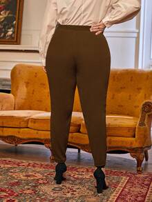 SHEIN Essnce Plus Size Women's Slanted Pocket Tapered Pants Spring To Summer - Coffee Brown - View 3