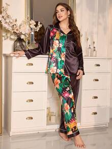 LuxeNights Plus Size Mature Elegant Leopard & Floral Colorblock Satin Robe & Pajama Set Satin Sleepwear Set Silky Pajama Set Satin Pajama Set Silk Robe Set Sleep Wear Women Silk, Fall & Winter Clothes - Multicolor - View 4