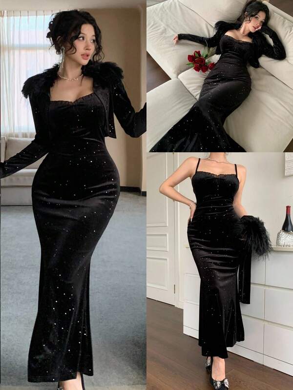 DAZY Black Winter Elegant Dining Rhinestone Sequin Fuzzy Patchwork Cropped Cardigan Top & Fitted Slip Dress 2-Piece Set,Mesh Lace Trim Mermaid Skirt Party