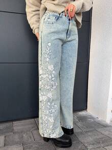 Jeta Ari 春节、情人节、节日及休闲优雅花卉刺绣女裤 - 水鴨藍 - 查看 3