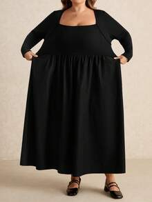 SHEIN CURVE+ Đầm dệt kim cổ vuông đơn giản, đơn giản, dễ mặc, dáng rộng, cỡ lớn, dành cho nữ, dáng dài đến trung bình - màu đen - Xem 11