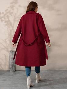 SHEIN Tall CURVE Plus Size Women's Solid Color Lapel NeckLong Sleeve Casual Woolen Long Coat, Autumn/Winter - Red - View 2
