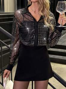 Elyressa Women's Fashionable Commuter Sexy Sheer Sequin Mesh Blouse - Black - View 6
