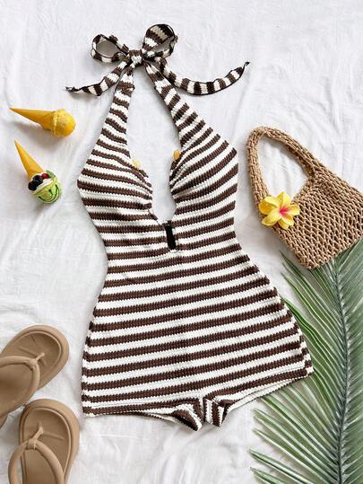  Soleia Women's Striped Knit Sleeveless Jumpsuit With Openwork Metal Starfish Decoration. Slim Fit, Suitable For Vacations, Dates, Afternoon Tea, Parties, Beaches, Cruises, Cities, Islands, Music Festivals, Etc. Can Be Worn As An Inner Or Outer Layer. Beige Jumpsuit, Plush Jumpsuit, Brown Jumpsuit, Basic Jumpsuits For Back-To-School And Graduation Seasons, Summer Jumpsuits, Striped Jumpsuits Beach Clothes For Woman