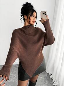 SHEIN PETITE CURVE 大码不对称蝙蝠袖高领长袖毛衣，咖啡色 - 巧克力棕 - 查看 1