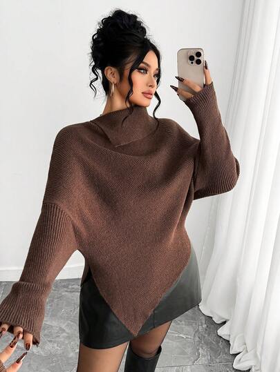 SHEIN PETITE CURVE 大码不对称蝙蝠袖高领长袖毛衣，咖啡色