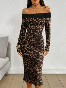 Selianne Fashionable Sexy Off-Shoulder Lace Patchwork Leopard Print Fitted Dress - Multicolor - View 1