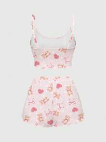 ROMWE Kawaii Bộ đồ ngủ hai dây và quần short in hình gấu hoạt hình và trái tim dành cho nữ, đồ ngủ thường ngày - Hồng - Xem 2