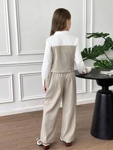 Serisse Kids 2 pièces Ensemble chemise et pantalon color block élégant et décontracté pour préadolescentes, convient pour le port quotidien, les déplacements, la mère et la fille, automne/hiver