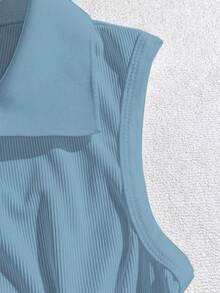 GlowEve Women's Solid Color Polo Collar Casual Ribbed Tank Top - Blue - View 3