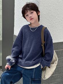 DAZY 大码男童休闲宽松撞色套头卫衣，秋季款 - 藍色 - 查看 1