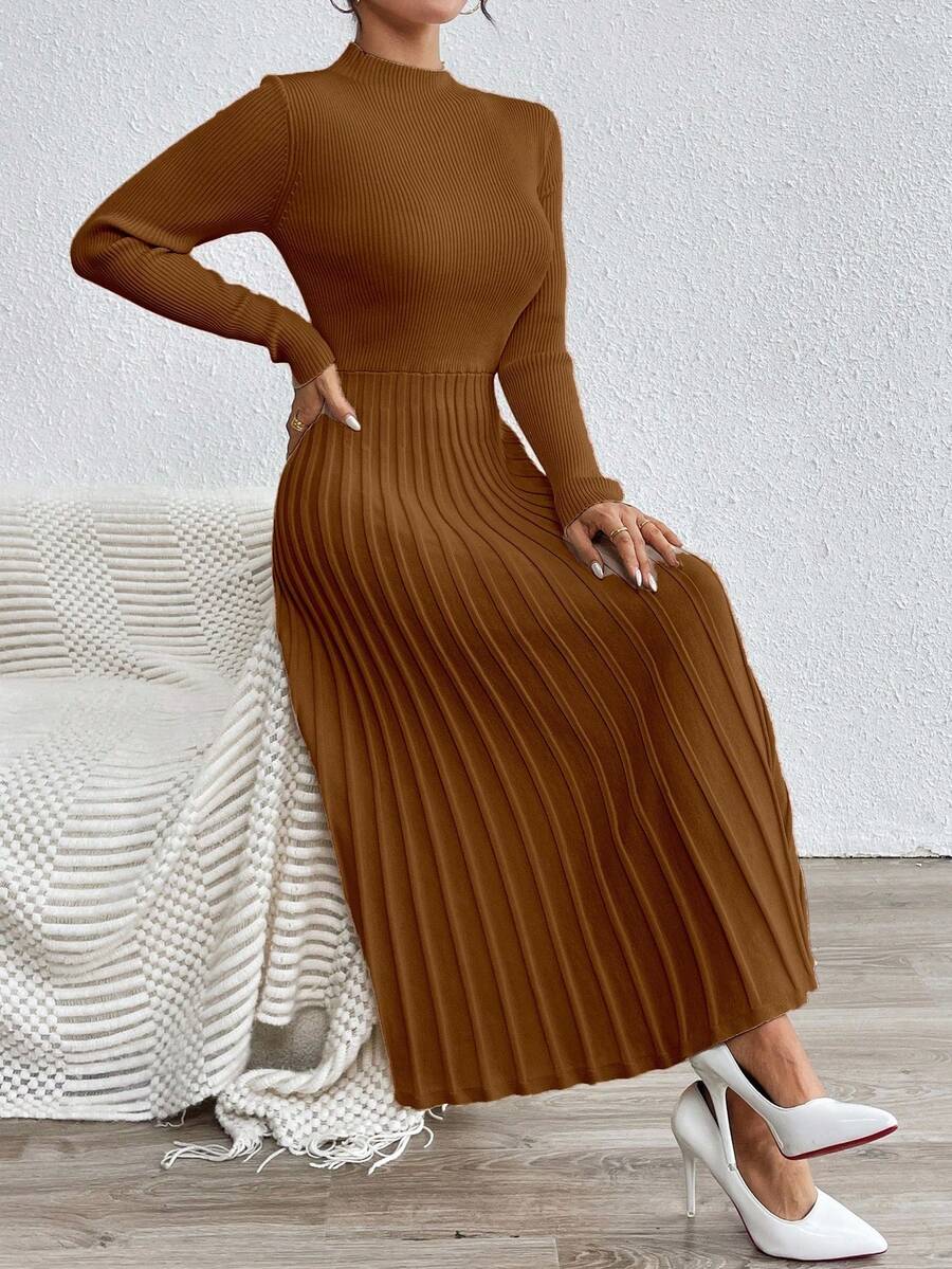 RosyDaze Váy dệt kim tay dài xếp ly cổ đứng màu trơn cho nữ, mùa thu/đông - Rỉ Nâu - Xem 1