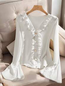 Franclia White V-Neck Frill Trim Knit Top, Versatile Elegant Slimming Casual T-Shirt For Spring/Autumn, Sweet Style - White - View 1